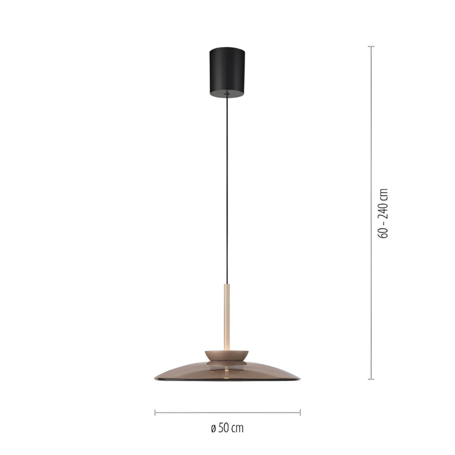 Pendant light with dimensions on a white background
