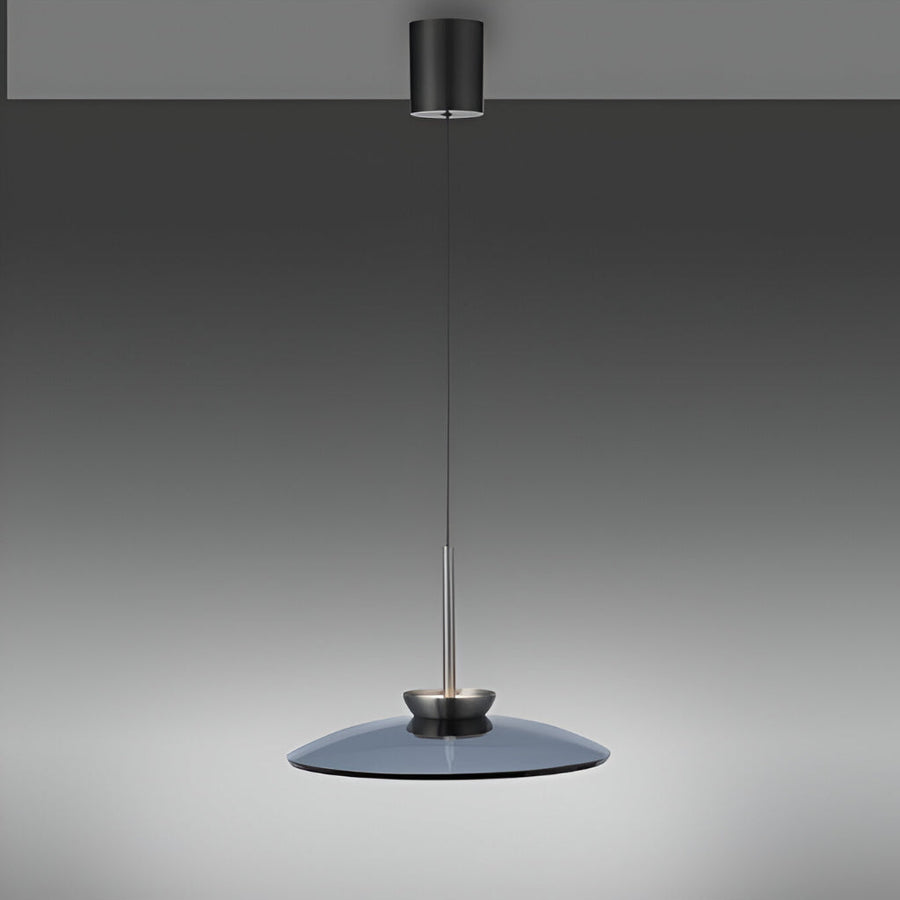 Modern pendant kinetic light with a dark shade on a gray background