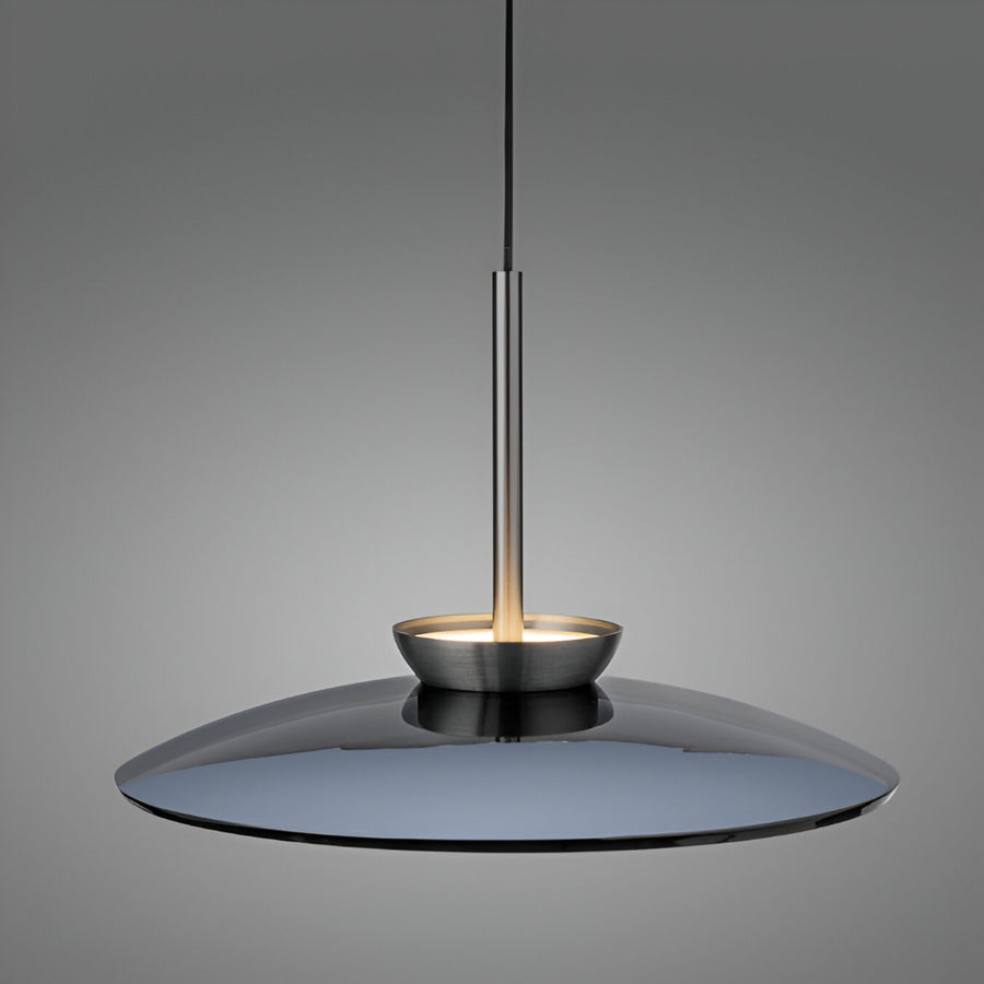 Modern pendant kinetic light with a dark glass shade on a gray background