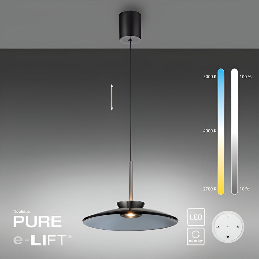 Neuhaus Pure e-Lift pendant light with color temperature and LED memory indicators on a gray background