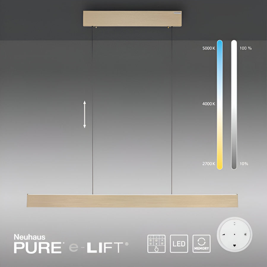Neuhaus PURE e-LIFT light fixture with colour temperature scale on a gray background