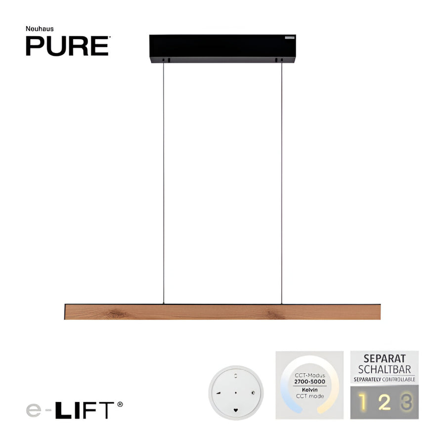 Neuhaus Pure e-Lift pendant light with control panel and color temperature display on a white background