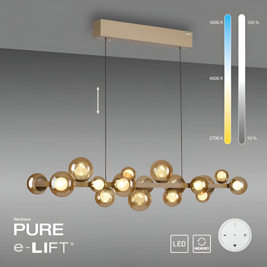 Neuhaus Pure e-Lift pendant light with adjustable temperature control on a gray background