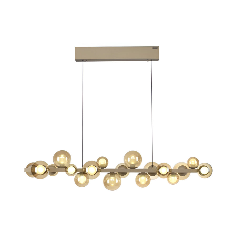 Modern kinetic chandelier with gold spherical bulbs on a white background by Neuahaus Pure available at Spacio retail stores in Mumbai & Kolkata. 