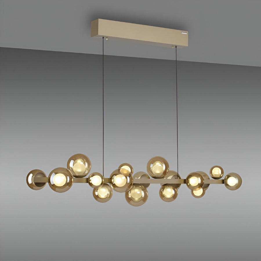 Modern kinetic ceiling light fixture with multiple bulbs on a gray background