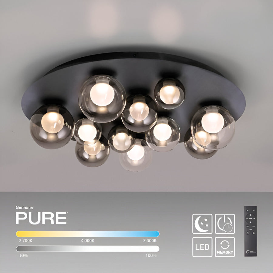 Ceiling light fixture with multiple bulbs on a gray background, featuring the brand 'Neuhaus Pure' available at Spacio in India. 