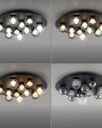 Ceiling light fixture with multiple bulbs showing different colour temperature on a gray background