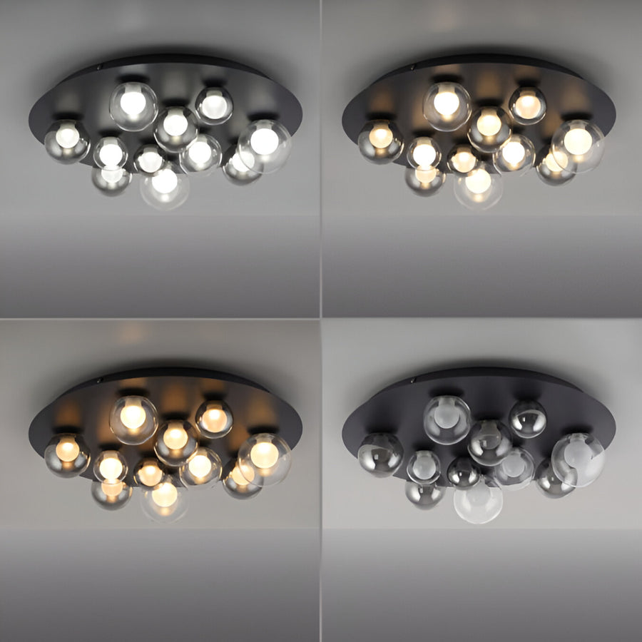 Ceiling light fixture with multiple bulbs showing different colour temperature on a gray background