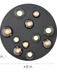 Round black ceiling light fixture with multiple bulbs on a white background showing the measurement of the light. 