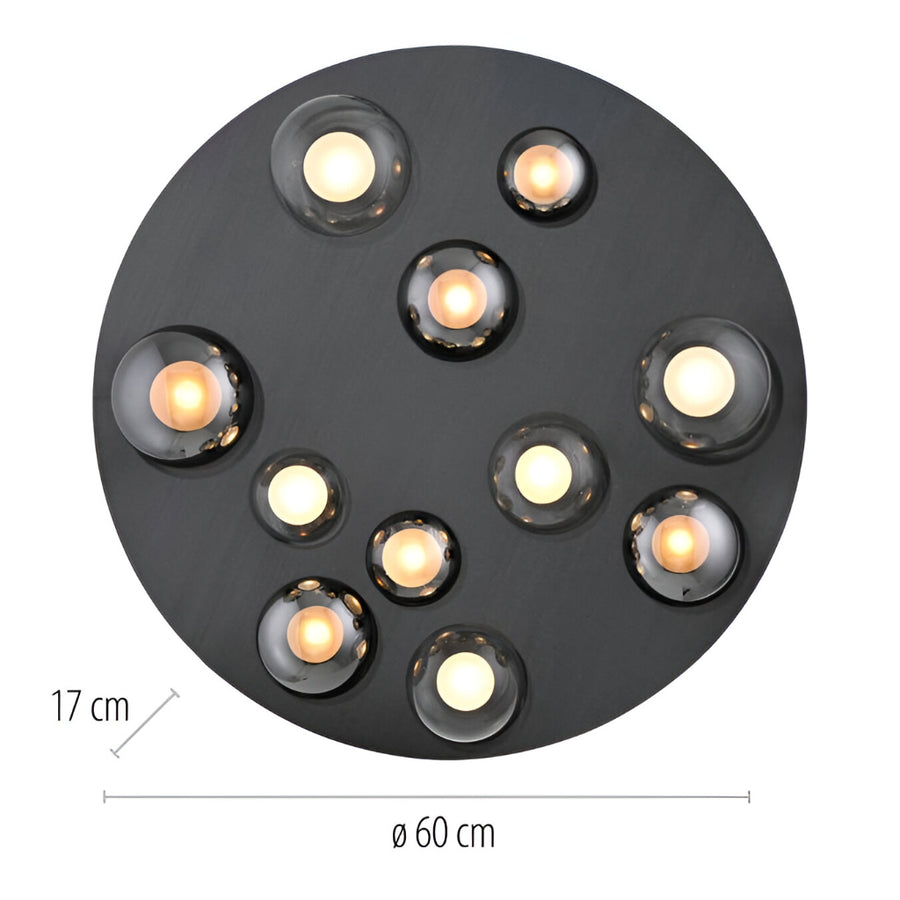Round black ceiling light fixture with multiple bulbs on a white background showing the measurement of the light. 