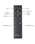 Black remote control with labeled buttons on a white background