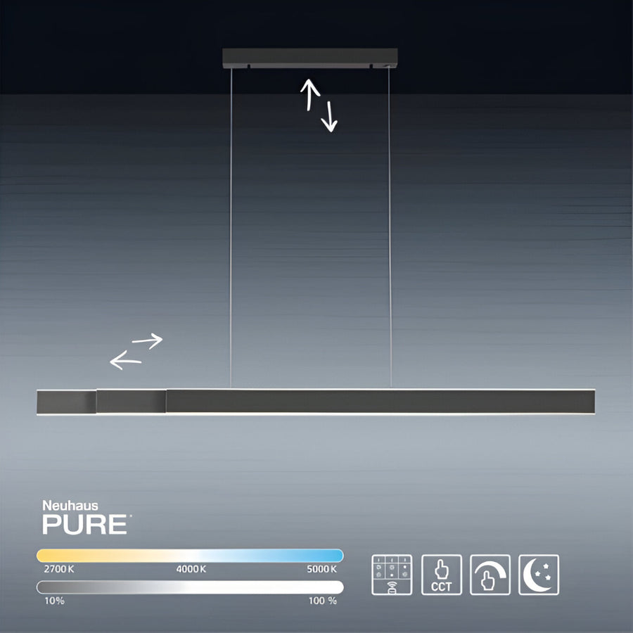 Neuhaus PURE ceiling light fixture with control panel and settings on a dark background