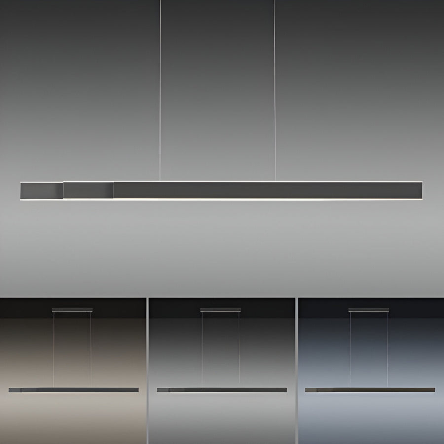 Modern kinetic extendable pendant light with a sleek design on a gray background