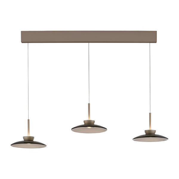 Three pendant lights chandelier hanging from a metal bar on a white background from Neuhaus Pure available at Spacio retail stores in India. 