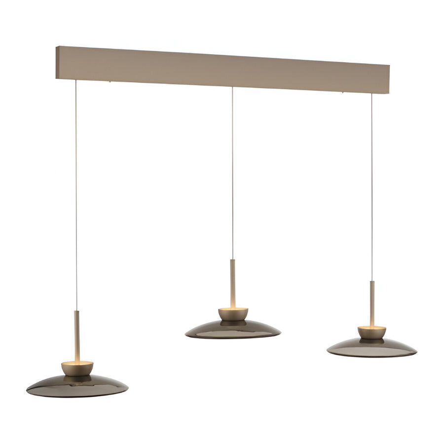 Modern pendant light fixture with three hanging lamps on a white background