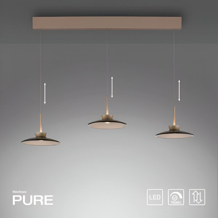 Modern pendant light fixture with three hanging lamps on a gray background, featuring the brand 'Neuhaus'.