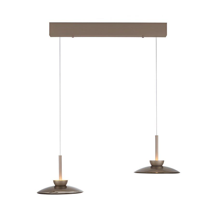Two pendant lights hanging from a rectangular light fixture on a white background with adjustable height mechanism from Neuhaus Pure, available at Spacio retail stores in India. 