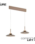 Two pendant lights with a horizontal bar labeled 'Neuhaus Pure' and 'Comfort Lift' on a white background.