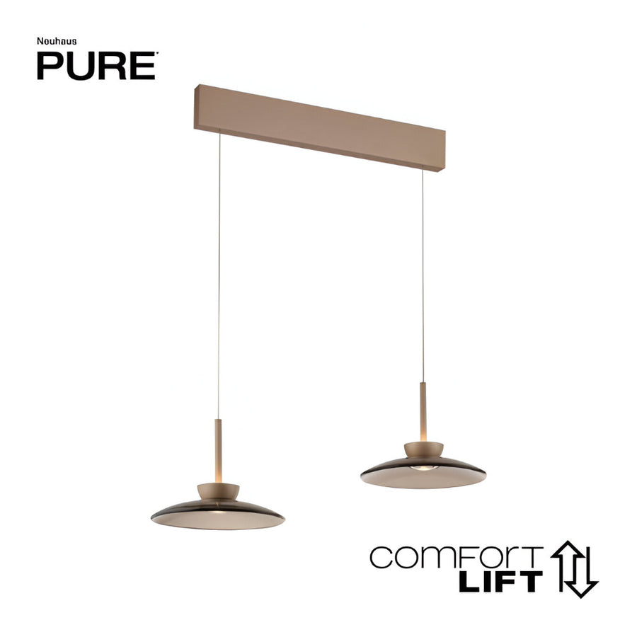 Two pendant lights with a horizontal bar labeled 'Neuhaus Pure' and 'Comfort Lift' on a white background.