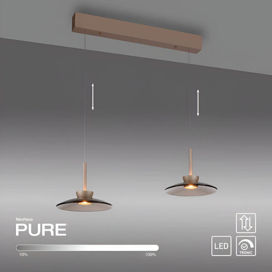 Modern pendant lights with a wooden fixture on a gray background