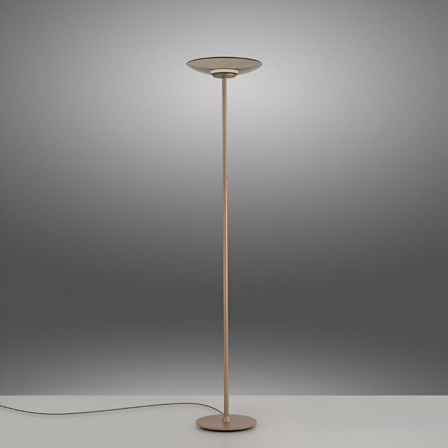 Floor lamp with a metallic base and shade on a gray background