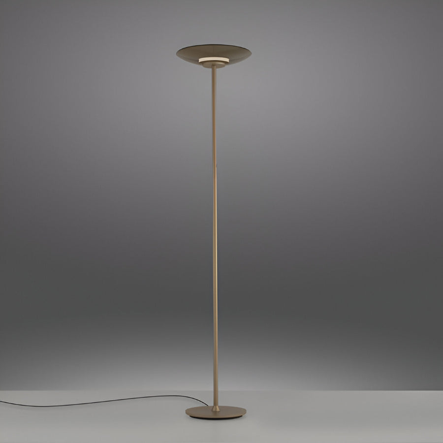 Floor lamp with a metallic base and shade on a gray background