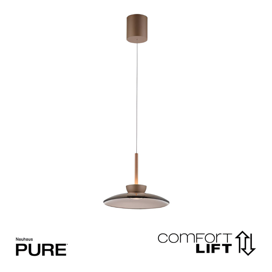 Neuhaus pendant light with 'Pure' and 'Comfort Lift' text on a white background
