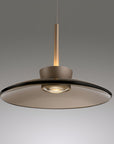 Modern pendant light with a dark brown shade on a gray background