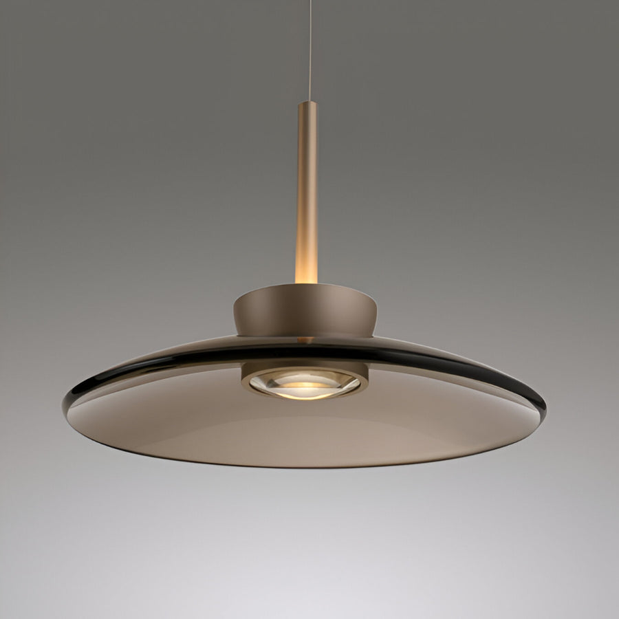 Modern pendant light with a dark brown shade on a gray background