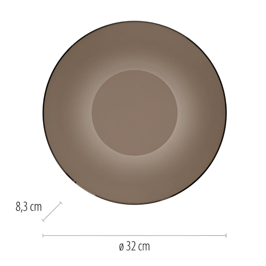 Brown glass wall light with dimensions on a white background