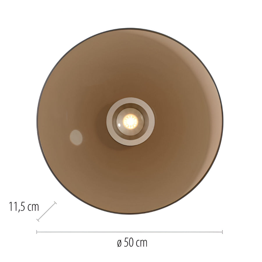 Round brown light fixture with dimensions on a white background