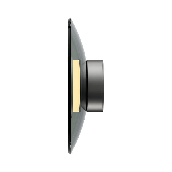 Black glass wall light with a gold accent on a white background