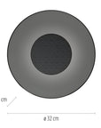 Dark gray circular object with measurements on a white background