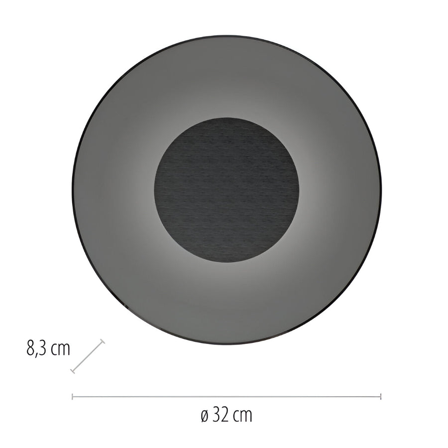Dark gray circular object with measurements on a white background