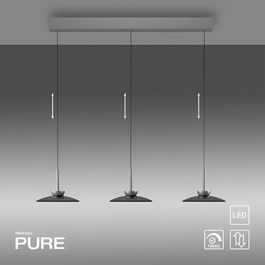 Modern pendant light fixture with three hanging lamps on a gray background, featuring the brand 'Neuhaus'.