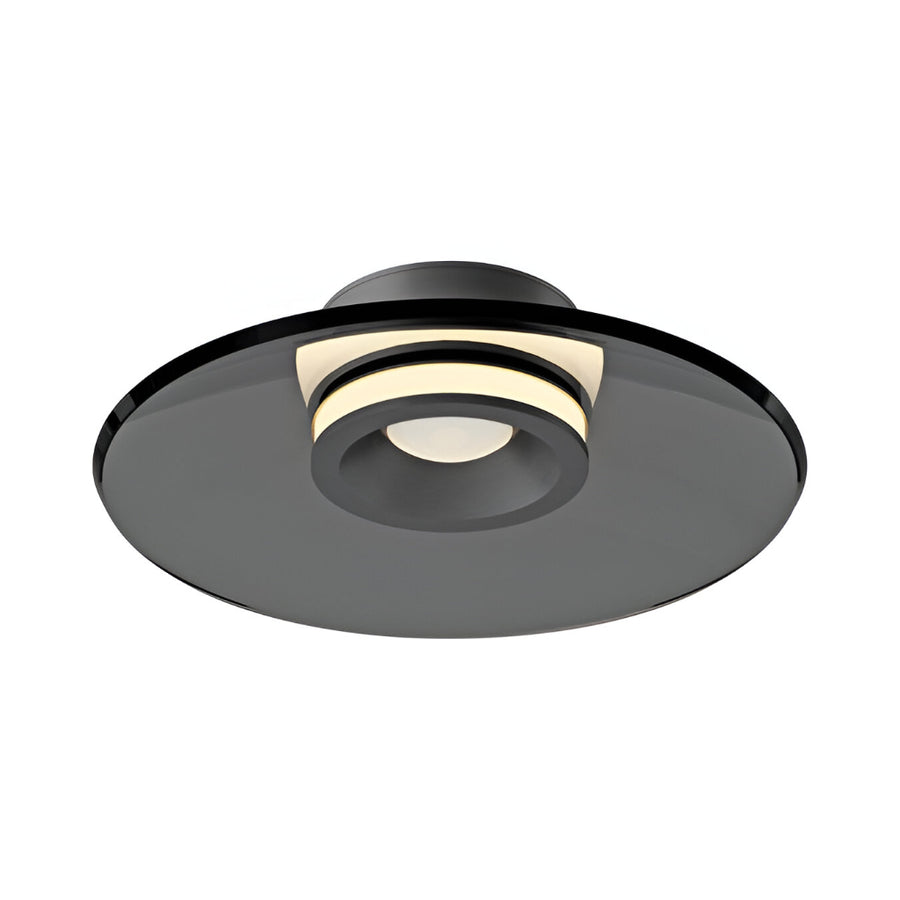 Round ceiling light fixture with black rim on a white background