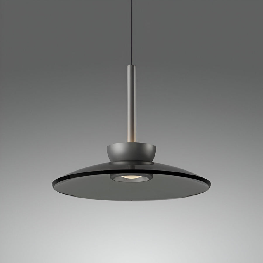 Modern pendant light with a dark gray shade on a gray background