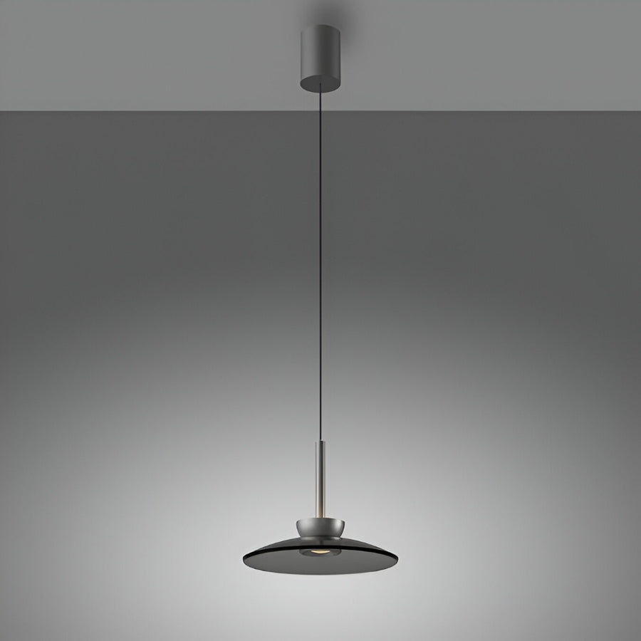 Modern manual adjustable height pendant light with a dark finish on a gray background
