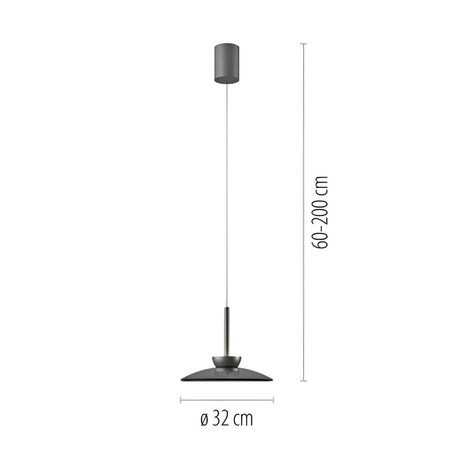 Black pendant light with dimensions on a white background