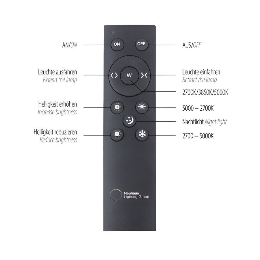 Black remote control with labeled buttons for lighting functions on a white background