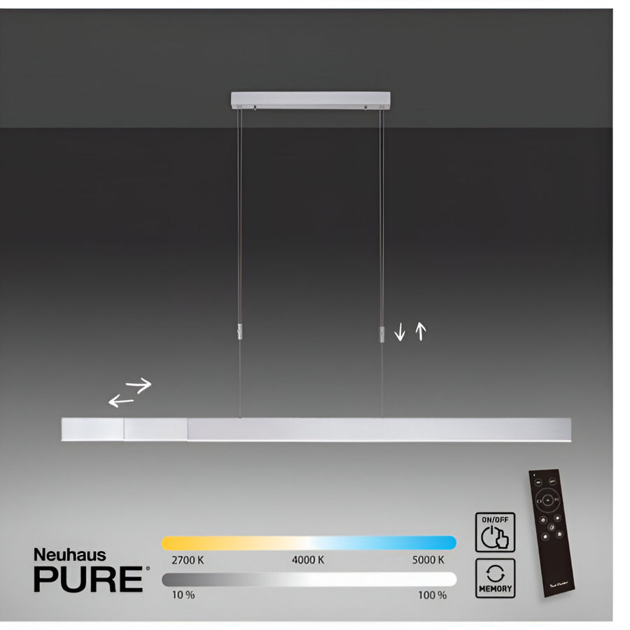 Neuhaus Pure pendant light with control panel and remote on a dark background