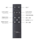 Black remote control with labeled buttons for lighting functions on a white background for Kinetic lights