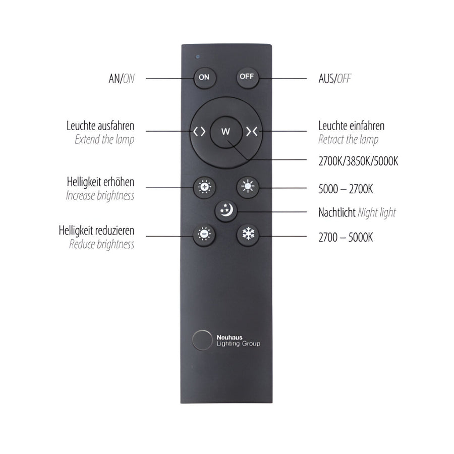 Black remote control with labeled buttons for lighting functions on a white background for Kinetic lights