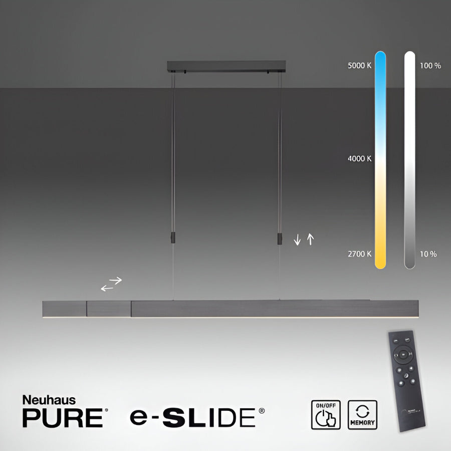 Neuhaus PURE e-SLIDE kinetic light with temperature control indicator and remote control on a grey background