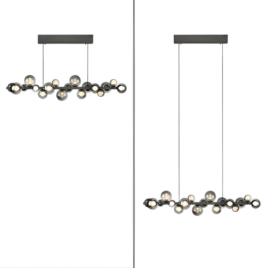Two modern pendant kinetic lights with a black frame and multiple hanging bulbs on a white background.