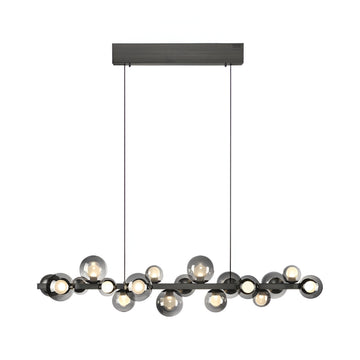 Modern kinetic chandelier with black frame and multiple round lights on a white background from Neuhaus Pure available at Spacio retail store in Mumbai & Kolkata. 