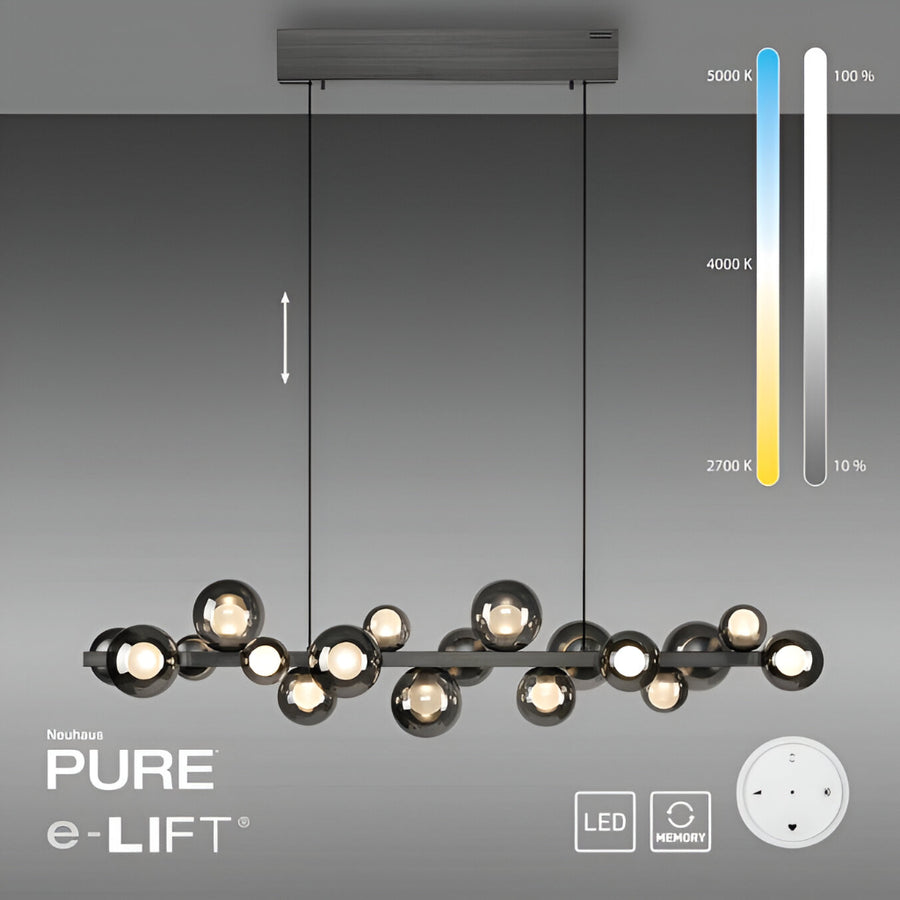 Neuhaus Pure e-Lift chandelier with color temperature and brightness control indicators on a gray background.