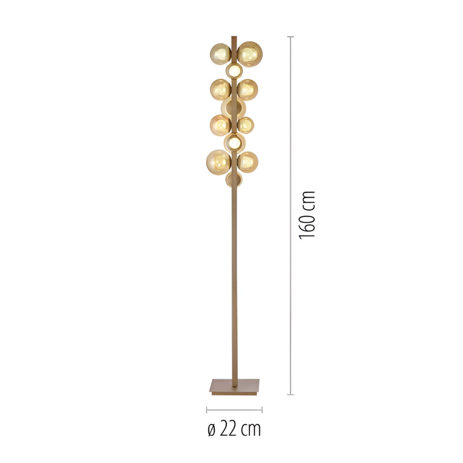 Gold floor lamp with spherical design on a white background