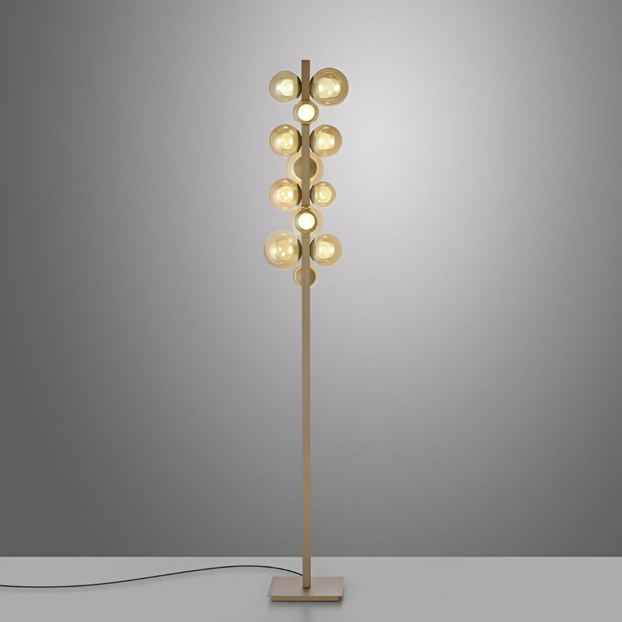Modern floor lamp with multiple light bulbs on a gray background