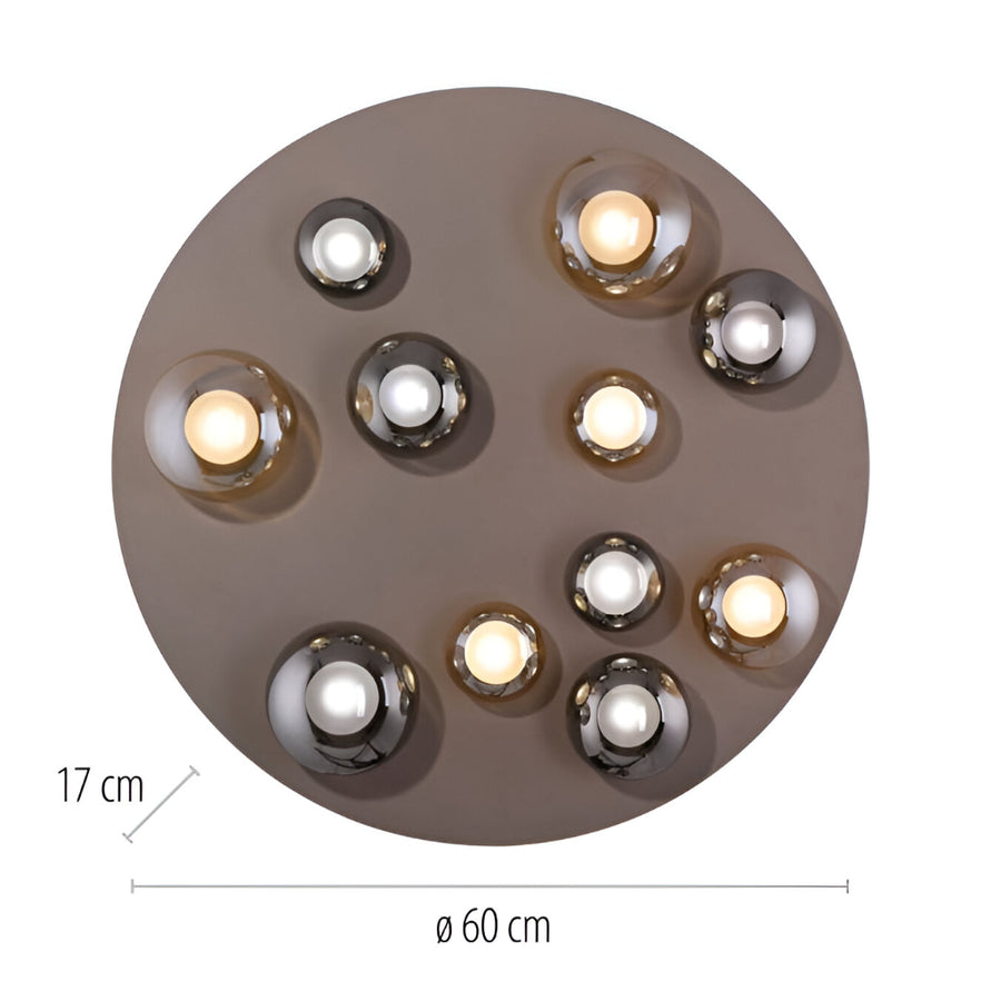Round ceiling light fixture with multiple bulbs on a white background